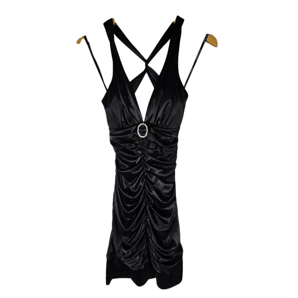 DEB Black Satin Mini Dress uched Drama, Rhinestone Detail